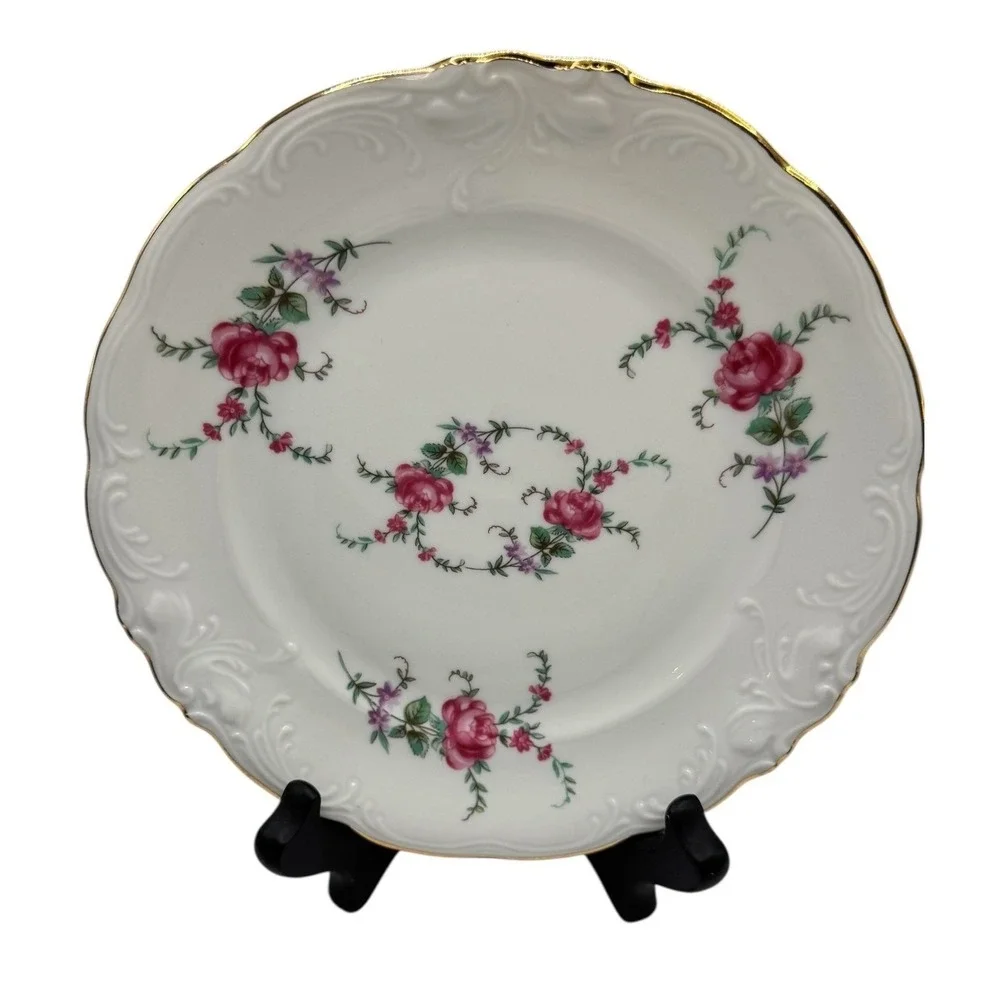 Wawel Poland China Salad Plate Pink Roses Gold Trim Scalloped Embossed 7.5 Inch